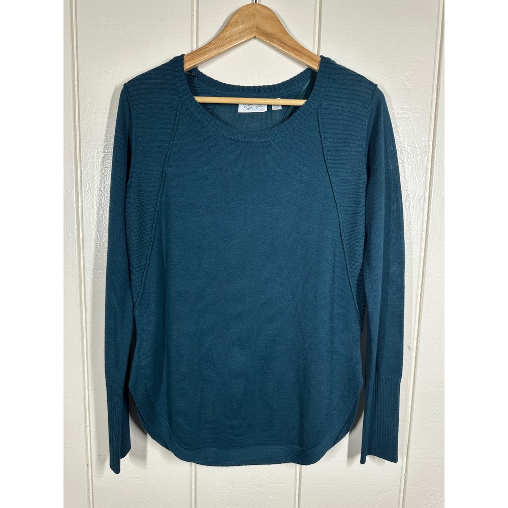 RD Style Sweater Womens Small Teal Blue Crew Neck Ribbed Trim Knit Pullover 7750